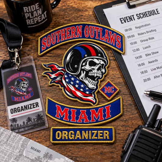 Custom motorcycle club event patch featuring the southern outlaws miami logo for organizer version.