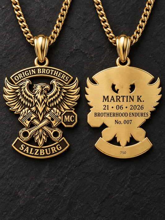 Front and back views of the same Origin Brothers solid 18K gold motorcycle club pendant showing personalized reverse engraving, movable bails and chains.