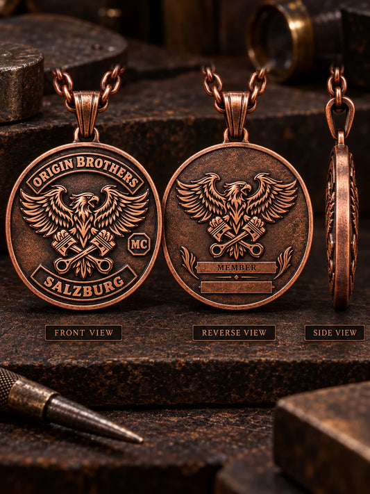 Front, back and side views of a personalized Origin Brothers pure copper motorcycle club pendant.