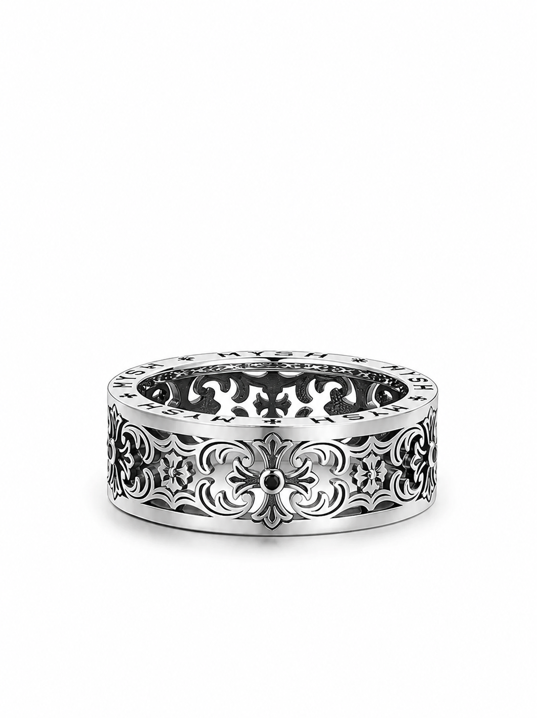 Ornate Cross and Iris Sterling Silver Biker Ring - product view