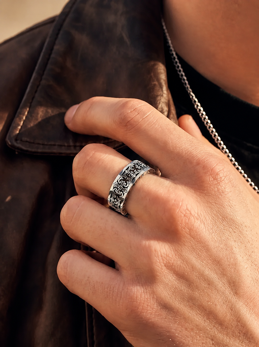 Ornate Cross and Iris Sterling Silver Biker Ring - product view 2