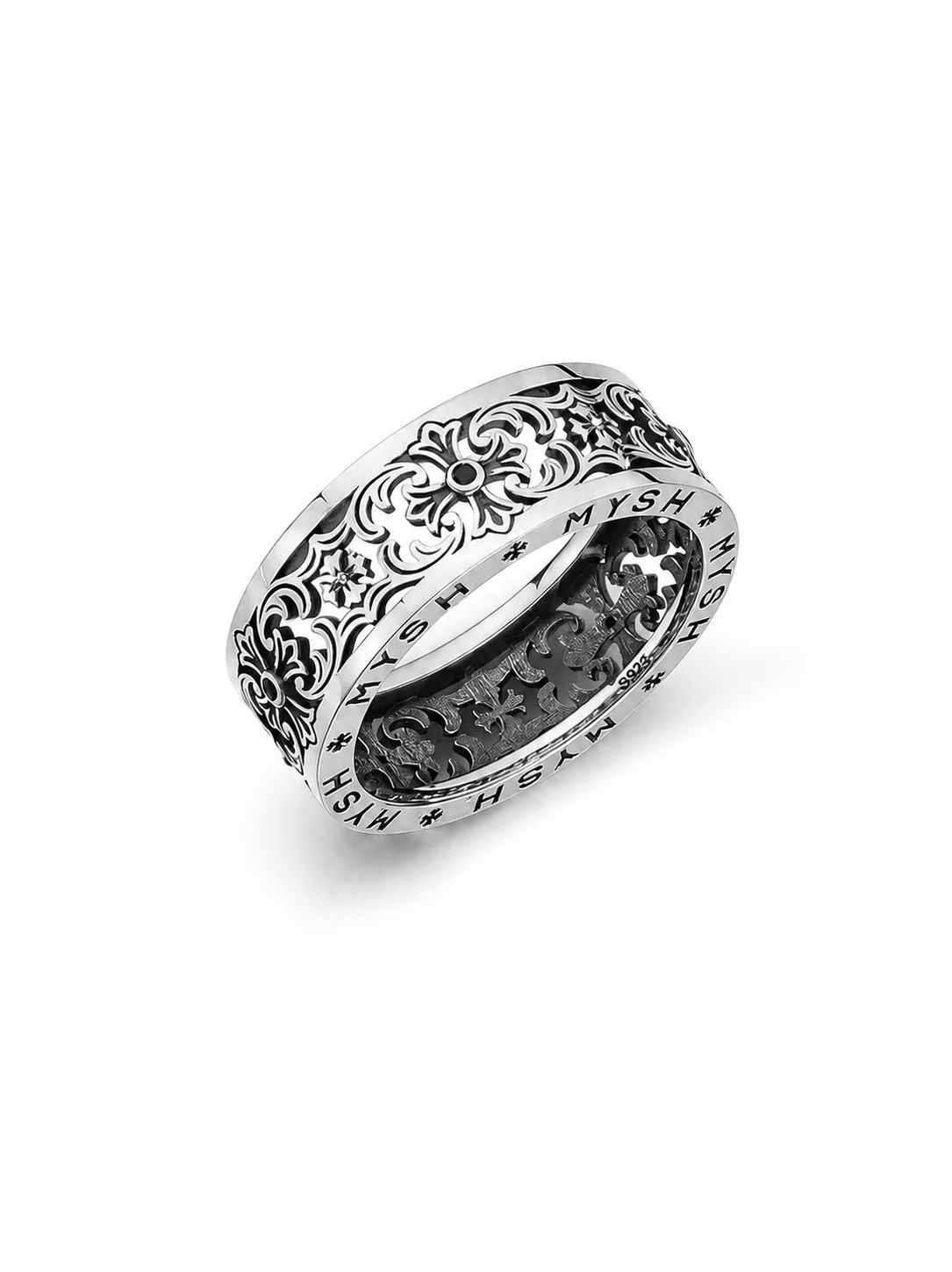Ornate Cross and Iris Sterling Silver Biker Ring - product view 3