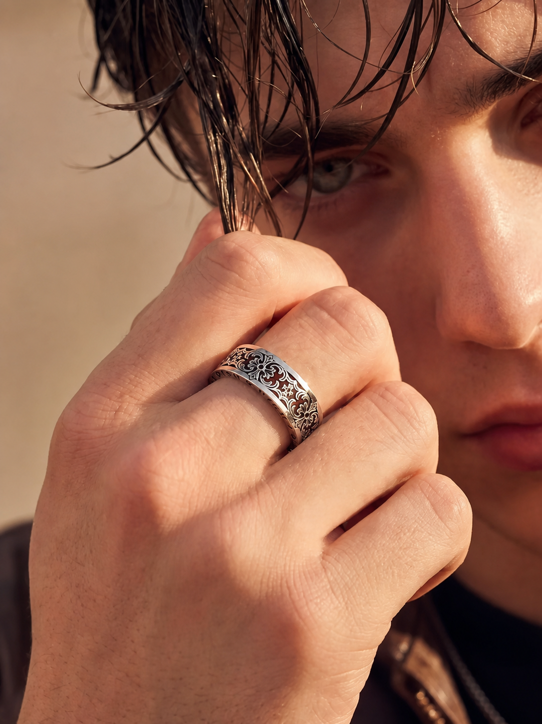 Ornate Cross and Iris Sterling Silver Biker Ring - product view 4
