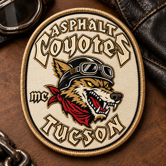 Custom motorcycle club event patch featuring the asphalt coyotes tucson logo for oval patch shape.