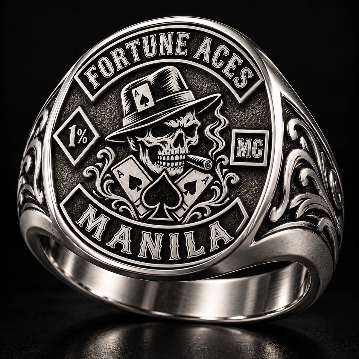 Oval white copper signet ring with a Fortune Aces motorcycle club emblem and curved lettering.