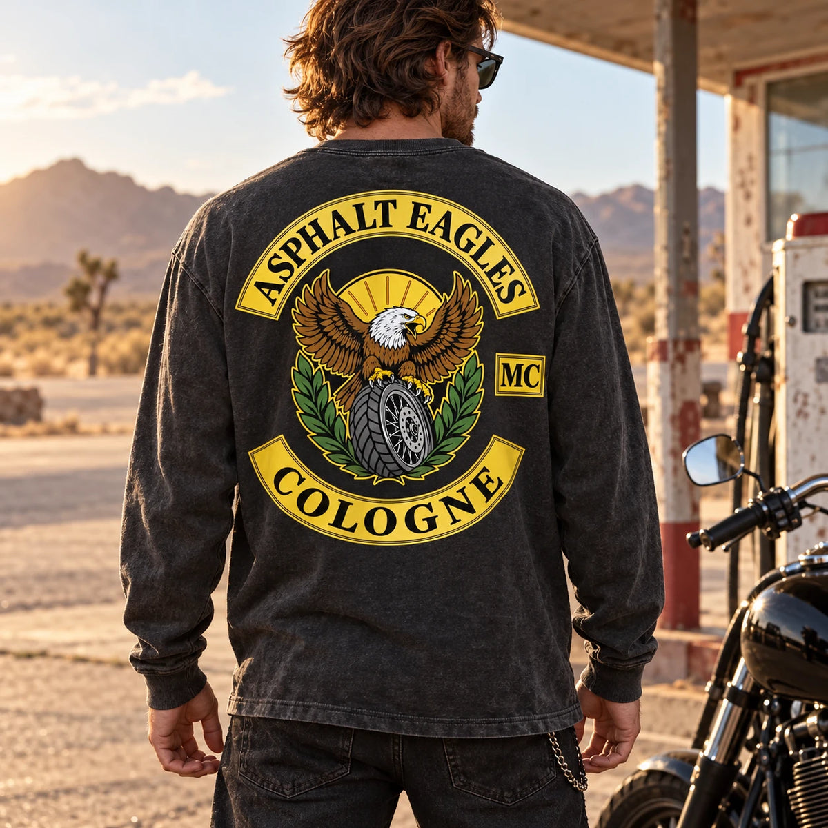 Rider wearing an oversized motorcycle club long-sleeve shirt with dropped shoulders.