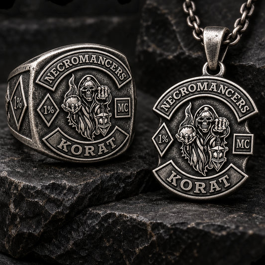 Oxidized antique-finish motorcycle club jewelry with dark recesses and polished high points.