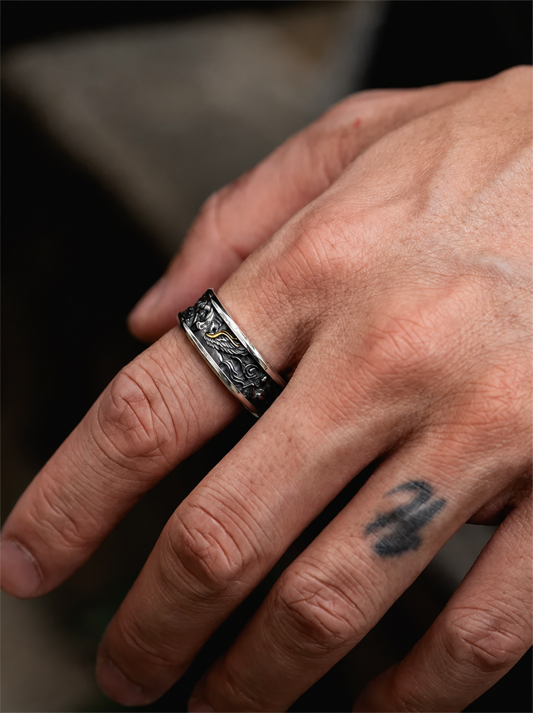 Pegasus Wing Sterling Silver Biker Ring - product view 4