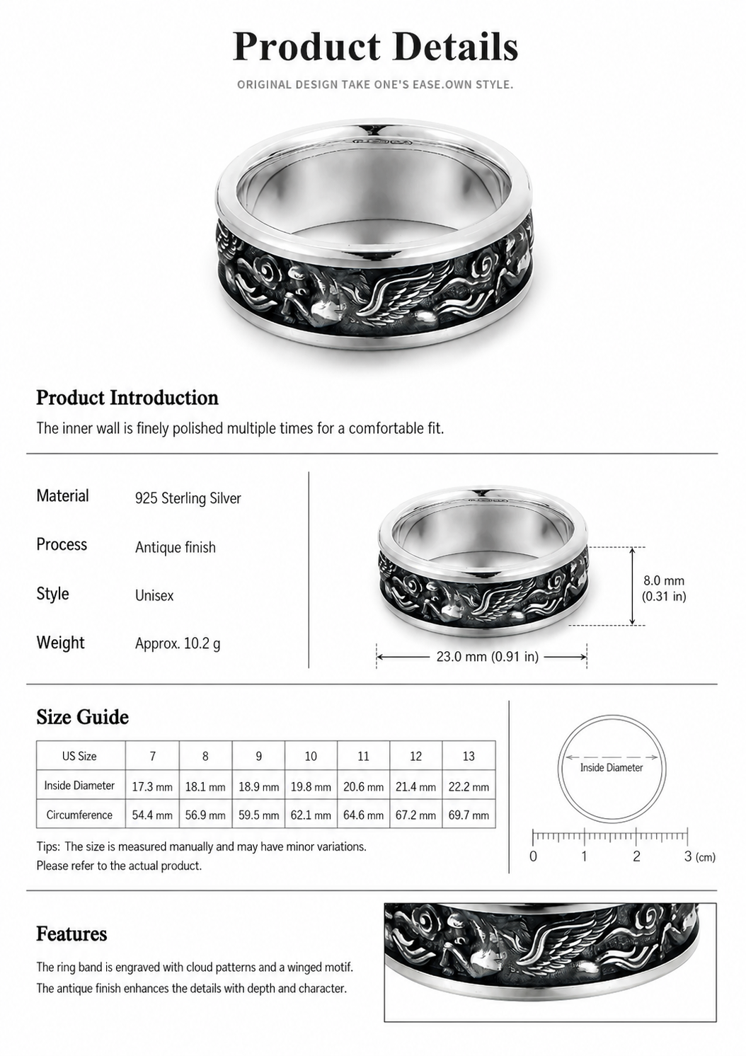Pegasus Wing Sterling Silver Biker Ring - English product detail 9