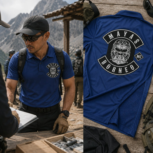 Royal blue Mayas polo display at a mountain checkpoint with a left chest emblem, large back logo, open technical knit, and vented side mesh.