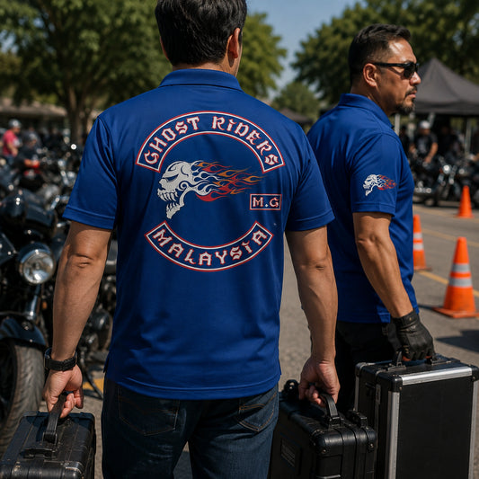Ghost Riders members move gear through rally parking in royal blue polos with large back logos, sleeve embroidery, and visible technical knit.
