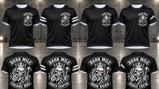 Custom motorcycle club coordinated black shirts with authorized variations shown for consistent club identity with approved member variations.