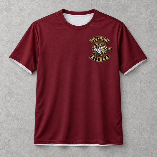 Custom motorcycle club burgundy shirt shown for burgundy heritage color.