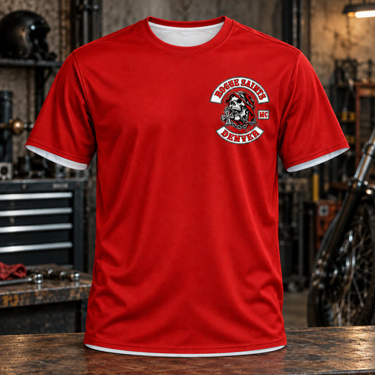 Custom motorcycle club deep red shirt shown for deep red heritage color.