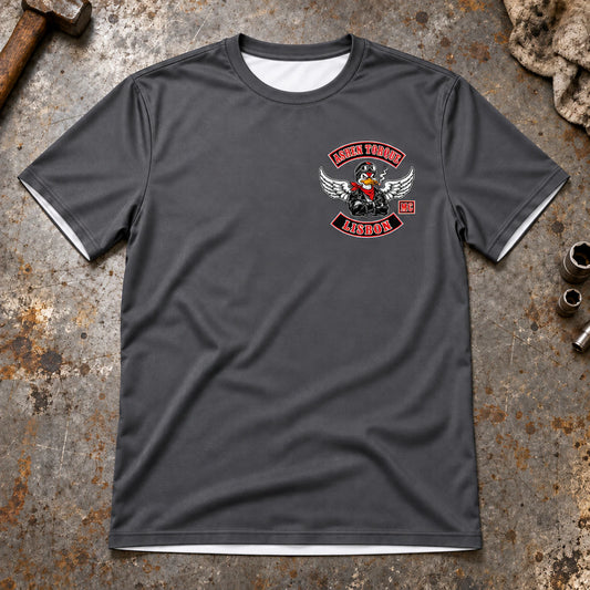 Custom motorcycle club iron grey shirt shown for iron grey heritage color.