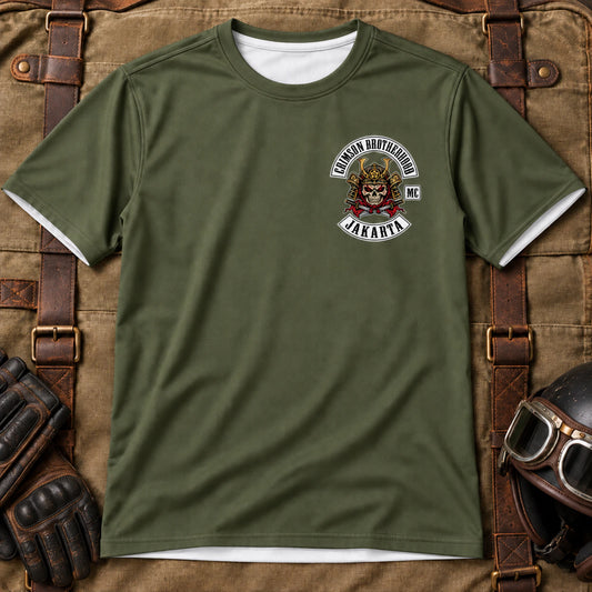 Custom motorcycle club military green shirt shown for military green heritage color.