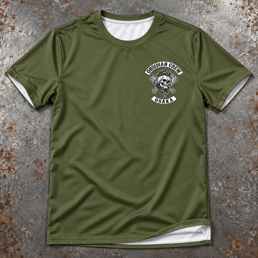 Custom motorcycle club olive shirt shown for olive heritage color.