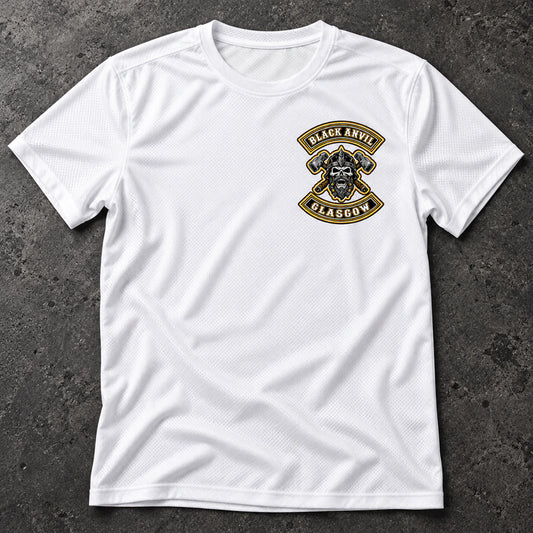 Custom motorcycle club white shirt shown for white heritage color.