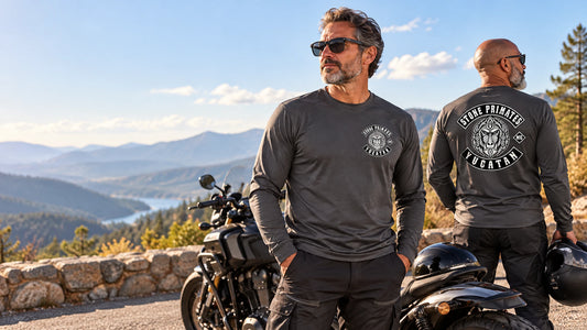 Custom motorcycle club charcoal performance crewneck shirts shown for lighter quick-drying alternative to a traditional cotton tee.