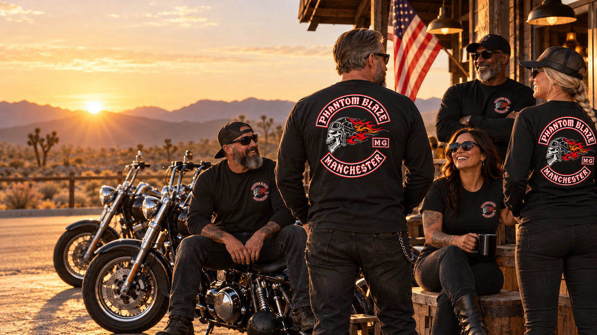 Custom motorcycle club black short- and long-sleeve performance shirts shown for classic club identity with modern performance comfort.