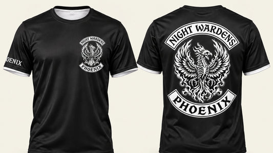 Custom motorcycle club black performance shirt with coordinated placements shown for left chest, full back and sleeve logo placement.