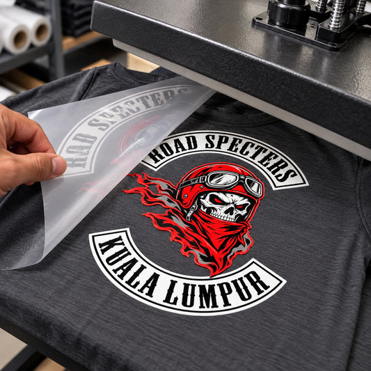 Custom motorcycle club charcoal performance shirt shown for dtf heat transfer for detailed multicolor artwork.