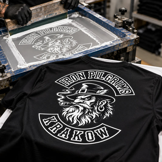 Custom motorcycle club black compatible polyester shirt shown for screen printing for coordinated bulk orders.