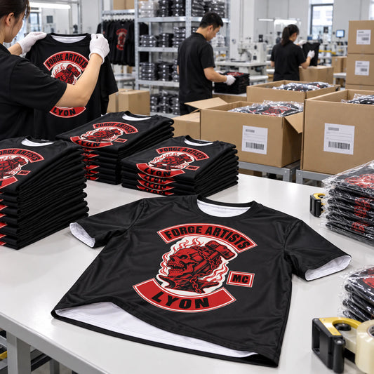 Custom motorcycle club finished folded performance shirts shown for inspect, pack and ship worldwide.