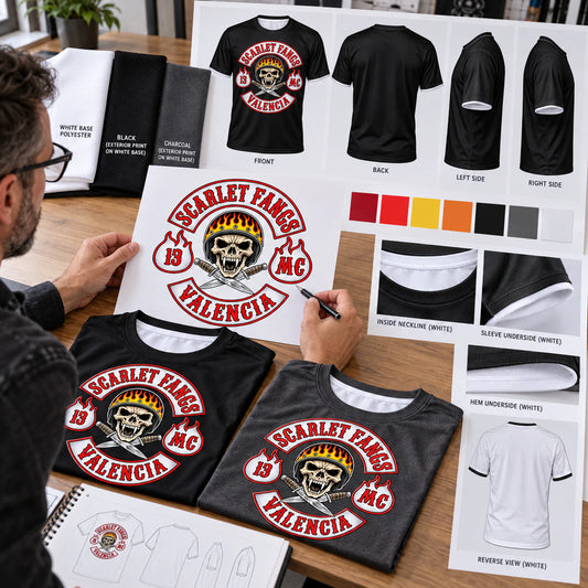 Custom motorcycle club material and process samples shown for review fabric, color and decoration options.