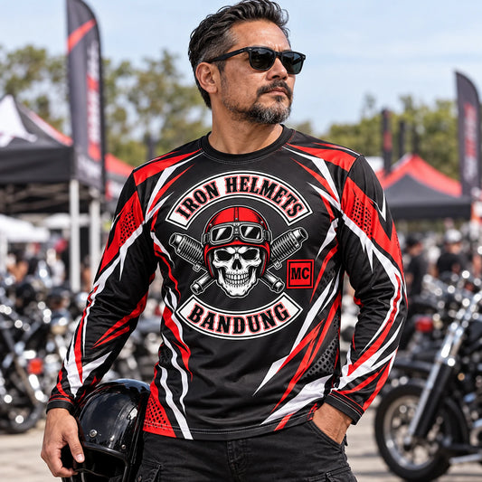 Custom motorcycle club full-color cut-and-sew polyester shirt shown for full-sublimation rally performance shirt.