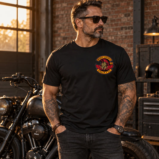 Custom motorcycle club black short-sleeve crewneck shown for classic short-sleeve performance t-shirt.