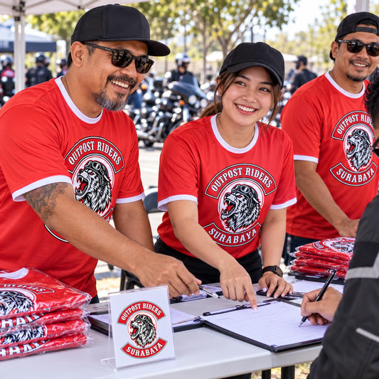 Custom motorcycle club coordinated charity-event shirts shown for club charity ride apparel.