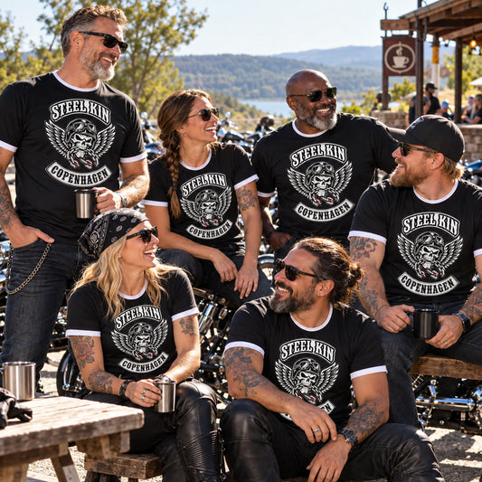 Custom motorcycle club lightweight short-sleeve shirts shown for warm-weather chapter meetups.