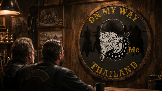 Motorcycle club members viewing a permanent custom heritage plaque in their clubhouse.