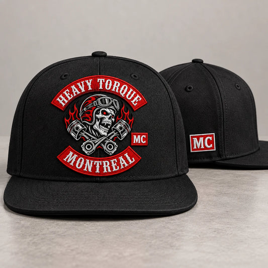 Chapter name customization on a motorcycle club flat-brim cap