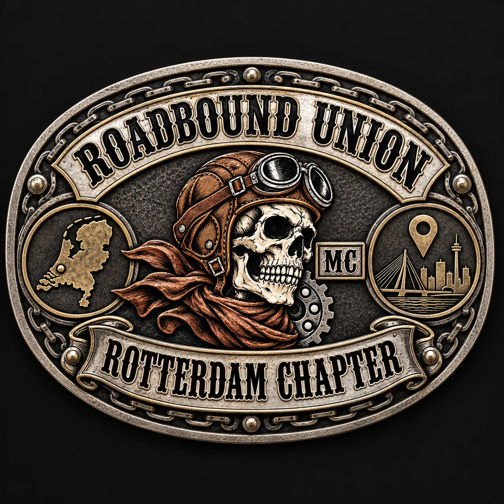 Roadbound Union motorcycle club chapter personalized belt buckle