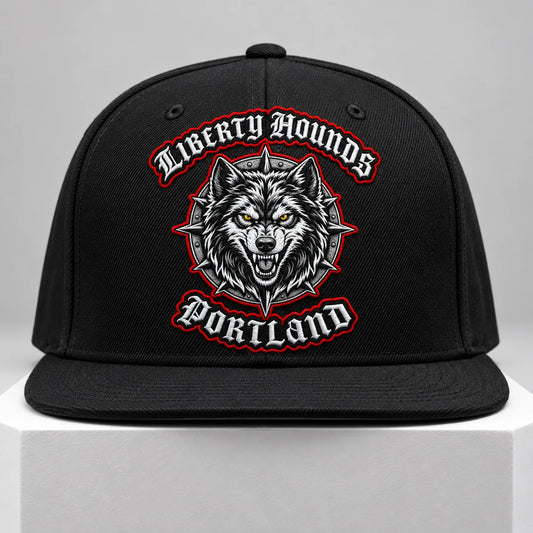 Official club logo customization on a motorcycle club flat-brim cap