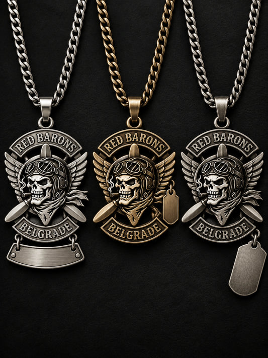 Customize the Details That Matter to Your Club represented by a unique custom motorcycle-club pendant with complete chain and sculptural mixed-metal architecture.