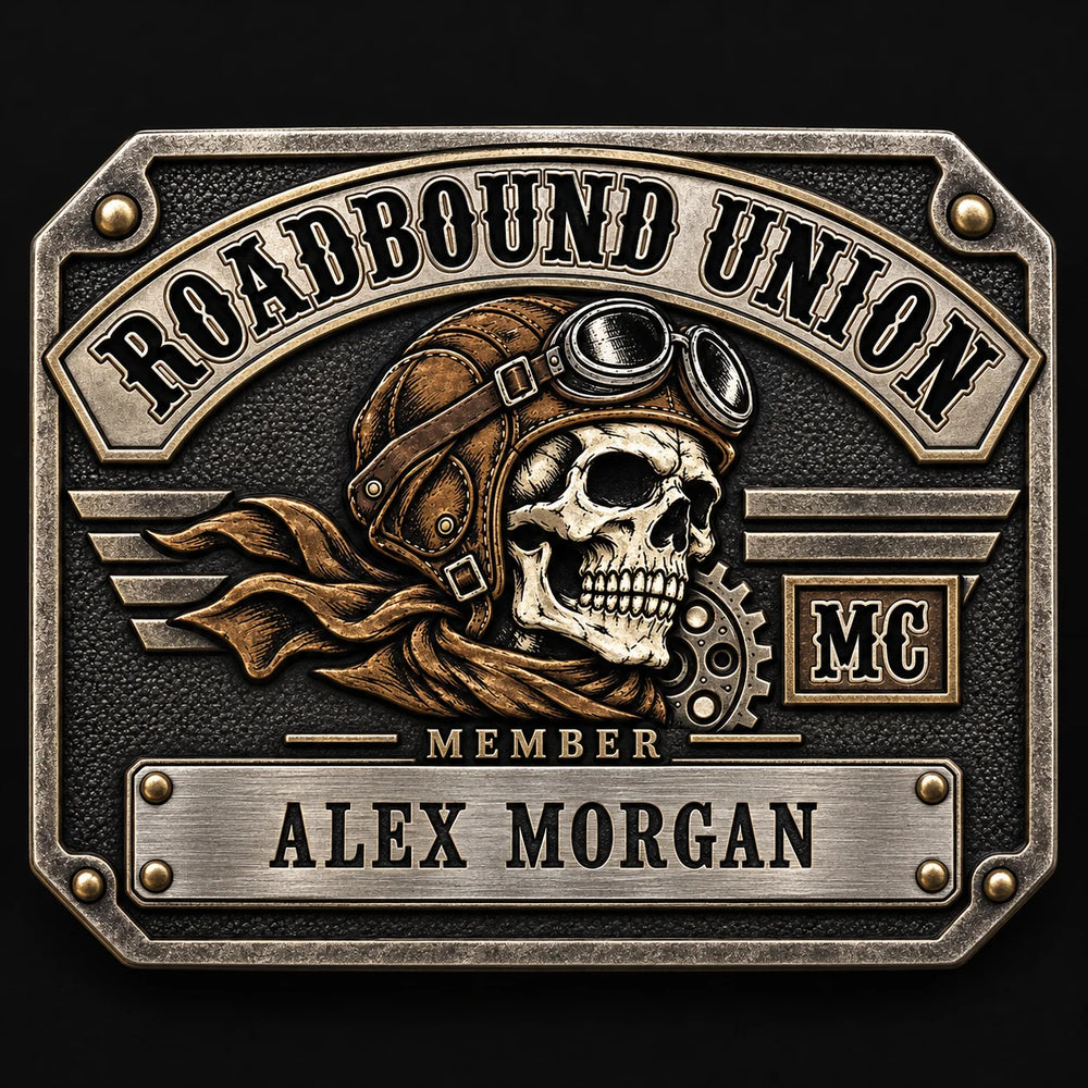 Roadbound Union motorcycle club member name personalized belt buckle