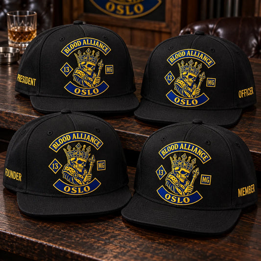 Officer and member detail customization on motorcycle club flat-brim caps