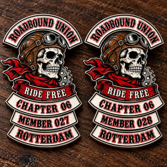 Chapter information and member number featuring a custom metal motorcycle club badge made with an approved club logo.