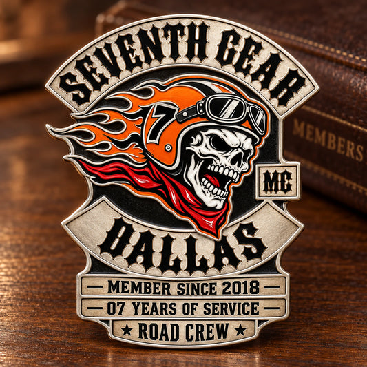 Seventh Gear Dallas motorcycle club member badge displaying member since 2018, seven years of service and Road Crew custom text.