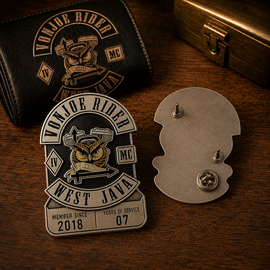 Member since, service year and club-approved custom text featuring a custom metal motorcycle club badge made with an approved club logo.
