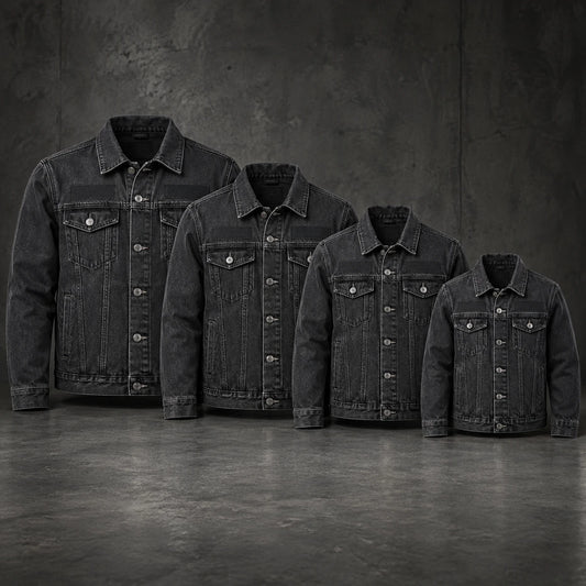 Matching blank denim jackets prepared for individual member personalization.