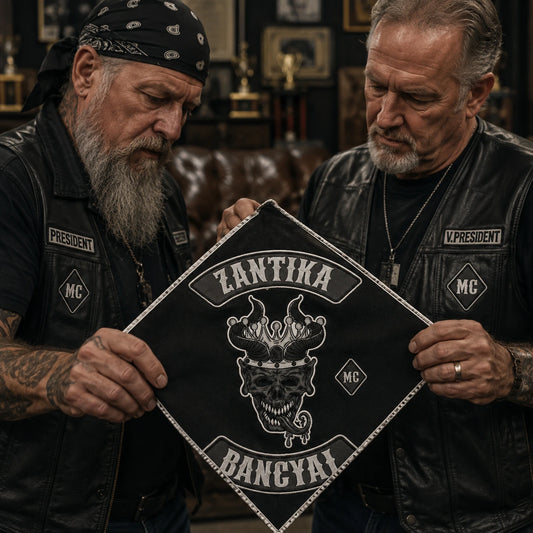 Two motorcycle club officers inspect the emblem and finished edge of a personalized diamond flag in a trophy room.
