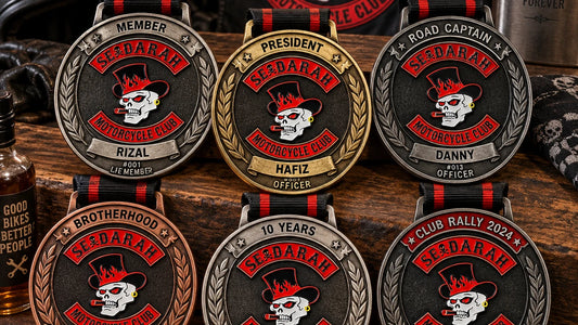 Six coordinated solid medals showing distinct recipient name, member number, officer title, award category, milestone and event-information zones. Custom motorcycle club medal.