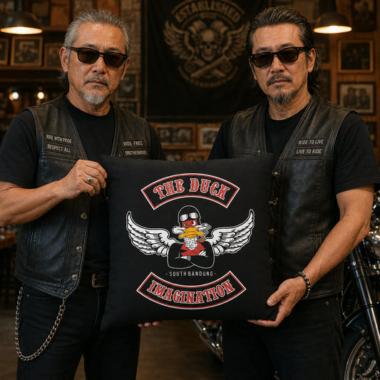 Motorcycle club officers present a personalized custom club-logo cushion.