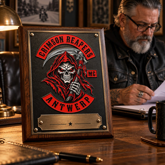 Personalized motorcycle club officer plaque displayed in a clubhouse office.