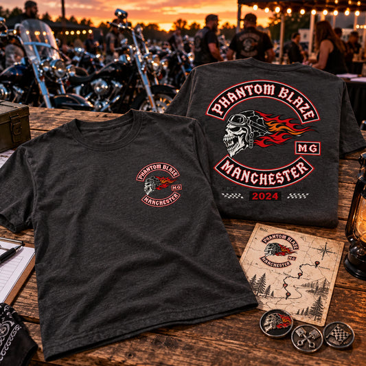 Phantom Blaze commemorative short-sleeve T-shirt displayed with rally registration materials.