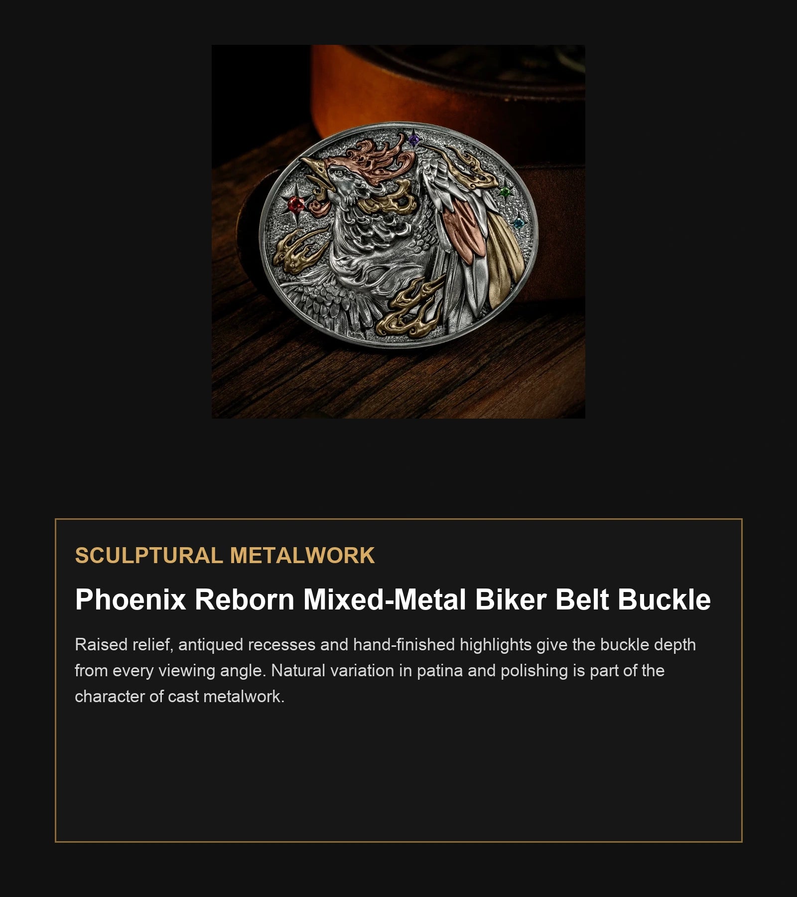 Phoenix Reborn Mixed-Metal Biker Belt Buckle craftsmanship guide in English